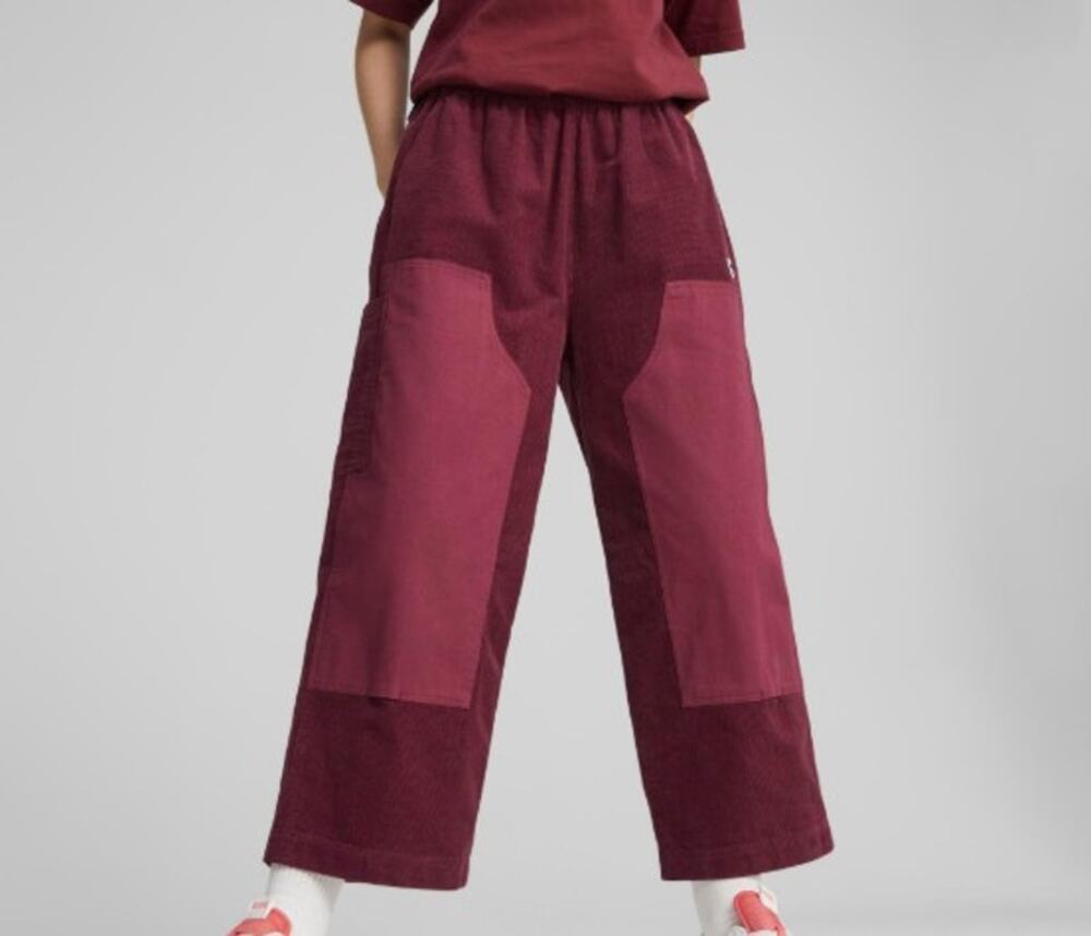 PUMA Downtown Corduroy Pants Womens S Grape Wine Wide Leg Drawstring Casual